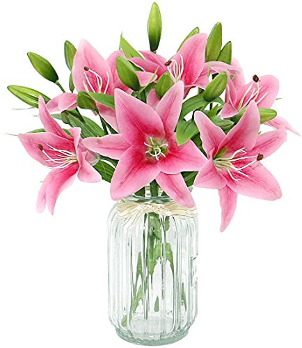 HAOSHICS 6 fiori di giglio artificiali, bouquet di giglio finti, in lattice, fiori veri al tatto, per casa, ufficio, matrimoni, feste, vasi, centrotavola, decorazione (rosa)