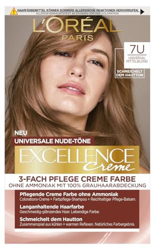 L'Oréal Paris Permanente Haarfarbe für jeden Hautton, Coloration ohne Ammoniak, Universale Nude-Töne mit vollständiger Grauhaarabdeckung, Excellence Creme, Nr. 7U Mittelblond (Blond), 1 Stück