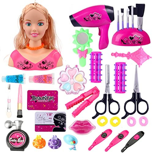 DKaony Princess Schminke Puppenkopf, 35 Stück Styling Kopf Puppe Frisur Spielzeug Kosmetik Spielzeug Mit Haartrockner Playing House Lernspielzeug Spielhaus Für Kinder Geschenke, 26x18×16cm