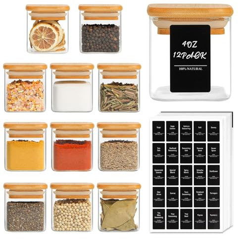 ComSaf Barattoli Spezie con Etichette 120 ml 12 Pezzi, Contenitori per Spezie Quadrati con Coperchio in Legno Vetro, Barattoli Vetro con Coperchio Ermetici, Spice Jars