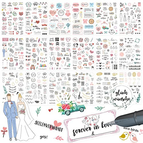 GeeRic Sticker Hochzeit Gästebuch (496 Motive), Vintage Love Sticker mit Herz, Vintage Hochzeit Aufkleber für Gästebuch oder Fotoalbum