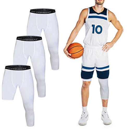 3 Pack Men's Compression Pants Single Leg 3/4 Basketball Tights Leggings Athletic Running Tights One Leg Base Layer Underwear, White, X-Large