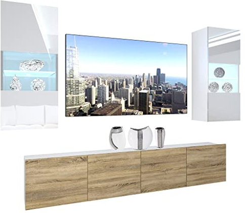 BELINI - Unité Murale TV NEX I Ensemble Muebles de Salon Complet I Ensemble Meuble TV avec Illumination LED I Dimensions: 200 x 180 x 36 cm I Coleur: Blanc très Brillant/chêne Sonoma
