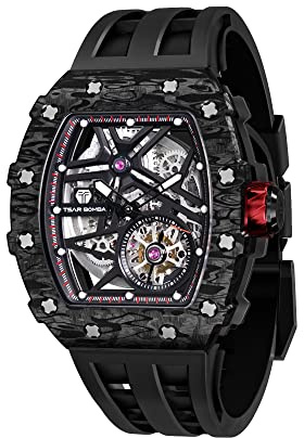 TSAR BOMBA Montre Automatique pour Hommes Montre mécanique Squelette de Luxe pour Hommes Sport Analogique étanche 50M Luminous Acier Inoxydable Fashionable Tonneau Big Face Montres