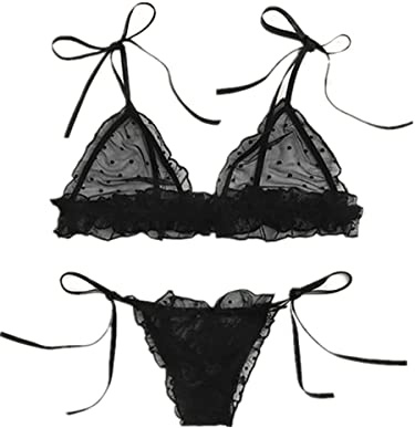 Ensemble de lingerie sexy en maille, joli ensemble soutien-gorge et culotte à pois Dobby à volants réglables avec nœud papillon, 2 pièces pour femme, Noir , taille unique