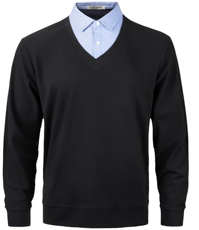 Oralidera Herr Mock skjorta tröjor långärmad stickad pullover jumper höst vinter stickad tröja med falsk skjorta krage, Svart, M