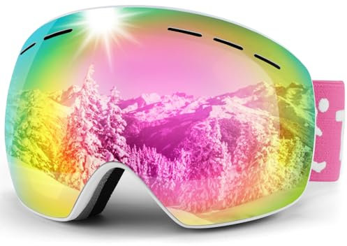 Trusiel Lunette de Ski, Masque Ski Sphériques avec Anti-UV, Anti-Buée, Coupe-Vent, Lunettes de Snowboard OTG Ajustables, Compatible avec Casque pour Ski Snowboard Autres Sports Hiver (Rose (VLT 21%))