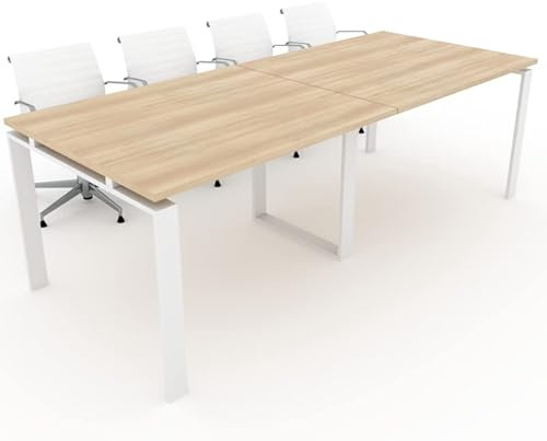Mesa con Estructura metálica Marco Abierto Blanco de 240x100, con Pata retranqueada y Tablero melaminado para Sala de Juntas, reuniones, conferencias (Acacia)