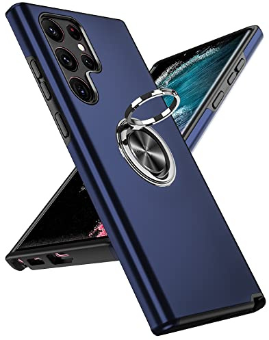LeYi for Samsung Galaxy S22 Ultra Phone Case, Shockproof Protective Cover | Invisible Metal Ring Stand Holder Tough Shockproof Protective Phone Cover for S22Ultra - Blue