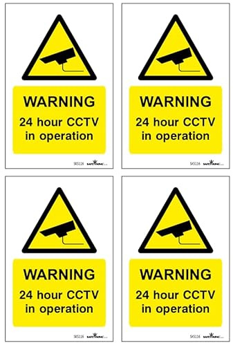 SAFETYKING® Pack Of 4 CCTV Sign Stickers 10cm x 6.5cm | Waterproof Security Camera Self Adhesive Small CCTV Stickers | 24 Hour CCTV In Operation Sign | Indoor Or Outdoor Use | CCTV Vertical Sticker