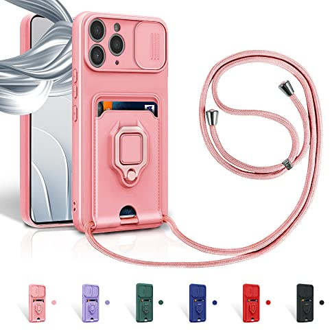 Aithne Case für iPhone 11 Pro Handykette Hüll,Slide kameraschutz,Silikon Handyhülle zum Umhängen Kette,360 Grad Ringhalter Stand Kartenfach-Pink