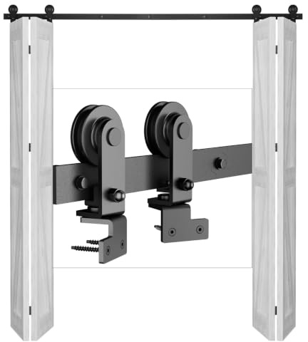 305cm/10FT Bifold Schiebetürbeschlag Schiebetüren Schiebetürsystem Komplettset Laufschiene Rollen Set Schwarz für 4 Holztür 75cm Top Mount T Rad