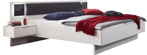 Lomadox Bettanlage Bett Doppelbett 180cm mit Nachtschränken, Beleuchtung und Polsterkopfteil, weiß und Graphit
