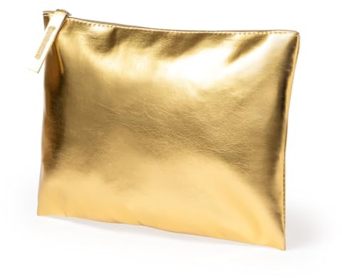 Kulturbeutel aus Kunstleder für Damen, Metallic-Finish, mit Reißverschluss und Griff, Kosmetiktasche für Reisen, Golden, groß