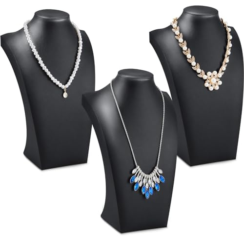 Kigley 3 Pcs Black PU Leather Jewelry Bust Display Necklace Display Stand Necklace Mannequin Holder for Jewelry Displays(11.42 x 6.89 Inch)