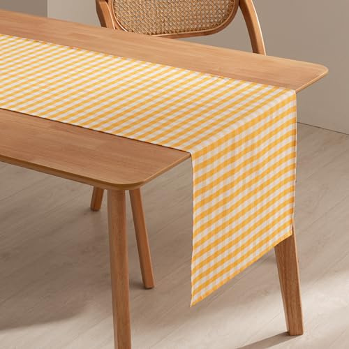 GAMUSI Chemin de Table rectangulaire Anti-Taches imperméable Vichy à Carreaux 45 x 170 cm Toucher Tissu Coton Respirant et Doux, Couleur Jaune