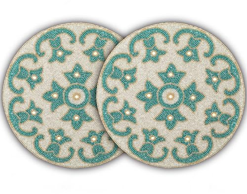 Handmade Beaded Placemat Charger, 13 Inch Round, Set of 2, Beautiful Decorative Dining Table Placemat for Your Dinner Table Décor, Easter, Wedding, Thanksgiving & Everyday Use - Teal Silver
