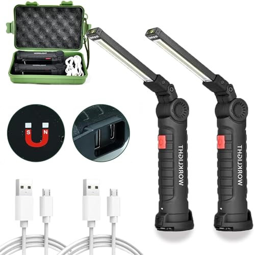 Laspi Led Arbeitsleuchte Werkstattlampe-2 Stück COB Inspektionsleuchten 5 Licht-LED Taschenlampe mit Haken zum Aufhängen/Magnet Basis/USB Ladungskabel für Camping, Wandern und Notfälle