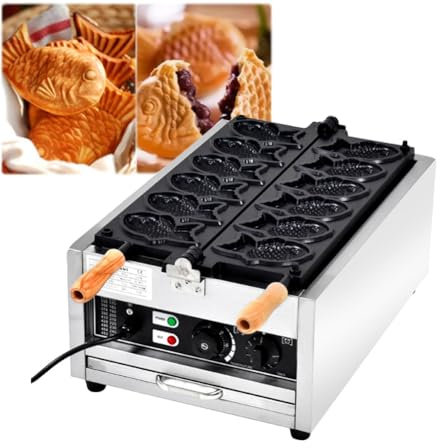 RNQZ Máquina para hacer Taiyaki, máquina eléctrica para hacer gofres de pescado Taiyaki, revestimiento antiadherente, utensilios para hornear, gofrera, control de temperatura, para uso comercial hogar