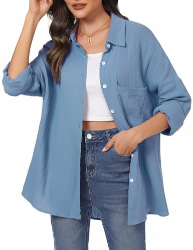 Aottori Camicetta Donna 100% Cotone Camicia con Scollo a V Blusa a Maniche Lunghe Elegante Top Tinta Unita Casual Azzurro S