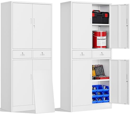 Aktenschrank, Mehrzweckschrank, Schrank abschließbar, Weiß, 180 * 80 * 40cm | Büroschrank mit 2 Türen, Aufbewahrungsschrank Stahl, 2 Schublade und 2 Verstellbarer Einlegeboden für Schule,Haus,Büro,Garage
