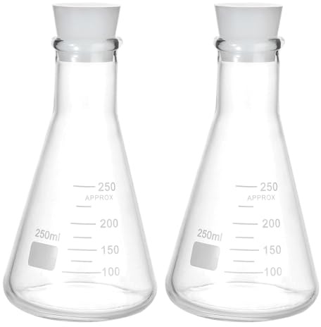 PATIKIL Erlenmeyer Flask, 2 Set 250ml 8.5oz Narrow Mouth Graduated Flasks with Silicone Stopper Borosilicate Glass Flasks with Printed Graduation for Lab Experiment Chemistry Science