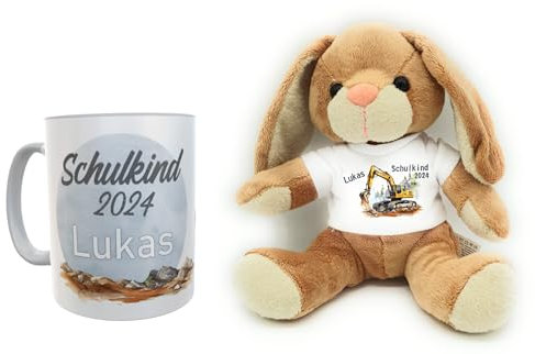 Schulstart Geschenkset: Personalisierte Tasse und Plüschhase - Erstklässler zur Einschulung (Bagger)
