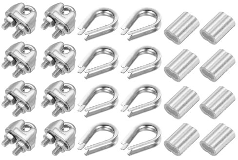 PATIKIL Set de Accesorios para Cuerda de Alambre, 304 Acero Inoxidable 12 Piezas Abrazadera de Clip de Cable 12 Piezas Guardacabos para Cuerda de Cable de 3mm/3/16
