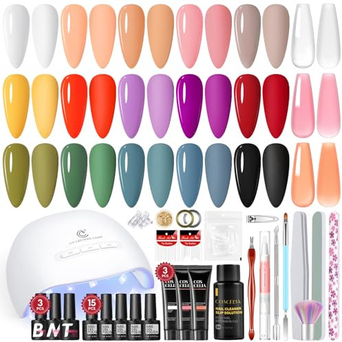 COSCELIA 40 StüCk UV Nagellack Set Mit UV Lampe, 15 Farben uv Nagellack und 3 Poly NäGelgel Nagelset GelnäGel Starterset, Weiß GrüN Gold Gel NäGel Set Base Coat Top&Matte Top Coat