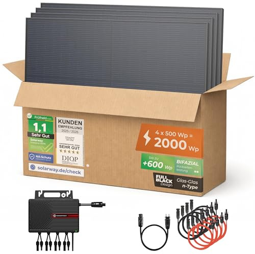 Solarway® Balkonkraftwerk 2000W komplett Steckdose - neuester 2000W Wechselrichter - Solaranlage Komplettset - 500W Solarmodule & Envertech & Zubehör