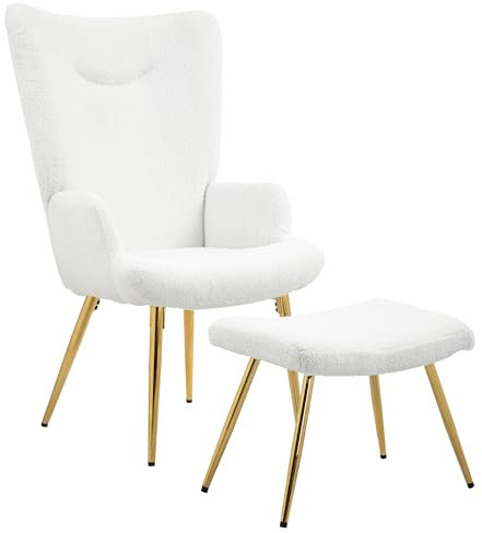 HOMCOM Ohrensessel mit Hocker, Sessel mit Sherpa-Bezug, Hohe Rückenlehne, Loungesessel mit Armlehne, Stahlbeine für Wohnzimmer, Schlafzimmer, Weiß