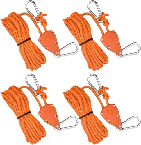 Zhenghebuy Verstellbare Seilratsche,4 Stück 4mm Reflektierend Abspannseile Seil, 4M Leichte Abspannleine Zeltschnur mit Spanner Einsteller,Camping Ratschenzeltseil für Campingzelte,Markisen(Orange)