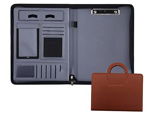 Schreibmappe A4 Aktenmappe Leder Konferenzmappe Ringbuch Dokumententasche Große Fächern Für Tablet Kartenfächer Notizblock Für Damen Und Herren(Brown,No calculator)