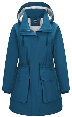 Outdoor Ventures Damen Wintermantel Wasserdichte Regenjacke mit Kapuze | Dicken Fleecefutter, Wasserdicht, 8 Taschen, 2-Wege-Reißverschluss, Warm, Abnehmbare Kappe, Windbreaker, Outdoorjacke