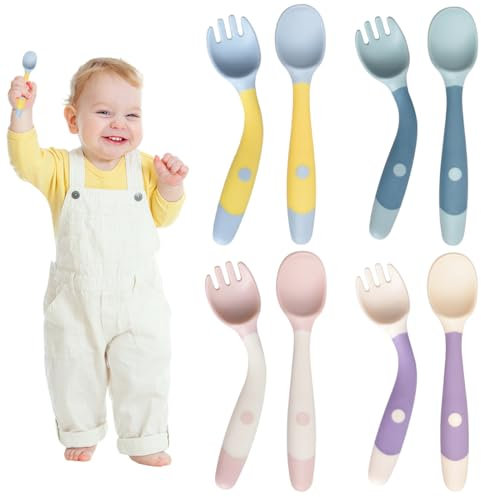 GGUFAY 8PCS Kleinkinder Fütterung Training Löffel und Gabel Geschirr,Esslernbesteck, Easy Grip Hitzebeständige Biegsame Lernlöffel Gabeln,BPA-frei,Lernlöffel Baby(Grün + Rosa + Gelb + Lila)