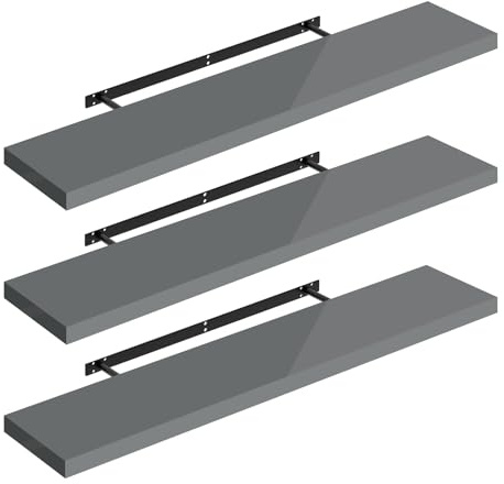 WOLTU Wandregal Regal Schweberegal,Hochglänzend Grau,120x22,9x3,8cm 3er | Wandregal Set von 3 für Büro, Wohnzimmer, Schlafzimmer, Küche,mit Metallhalterung,unsichtbare Montage