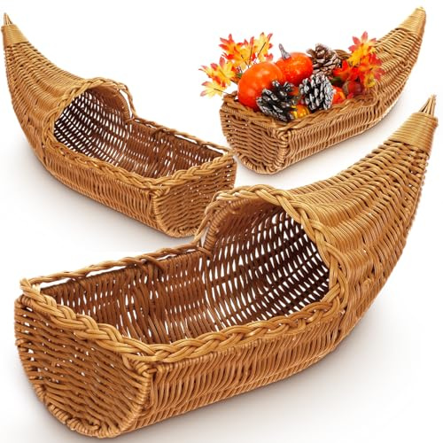 Amyhill 2 Pcs Fall Cornucopia Basket Centerpieces 16.5 Inch and 12 Inch Autumn Cornucopia Horn of Plenty Centerpiece Thanksgiving Table Decoration Wicker Grapevine Autumn Baskets for Harvest Party
