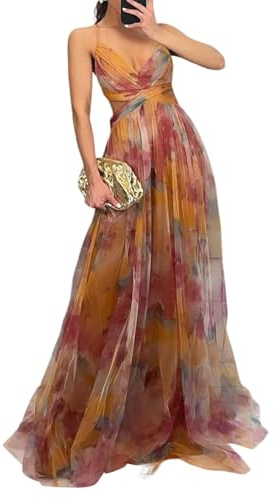 shownicer Vestito Donna Elegante Abito Cerimonia Vestito Lungo Estivi Scollo a V Senza Maniche Vestiti Stampa Floreale A Arancione M