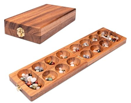 Kalaha Spiel mit Metallverschluss Gold Klein für 2 Spieler - Spielfeld 14 x 49 cm - Hus - Bao - mit Edelsteinen