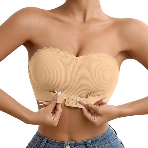 Bandeau BH Damen, trägerloser Bra Push up, ohne Träger Polster Bandeau Top mit Transparente rutschfestem Frontverschluss Damen Pushup BH (01 Rose Gold, L)