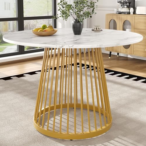 A ALFRESCOOL Runder Esstisch (80×80×76cm), Küchentisch, Runder Kaffeetisch für 4 für Esszimmer, Wohnzimmer,Tischbeine aus Metall,MDF marmorierte Tischplatte, Goldene Beine