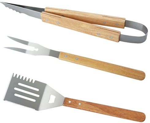 3-delat grillbestickset med trähandtag, rostfritt stål grillset grilltillbehör robust med grilltång, grillspade köttgaffel, bestickset BBQ grillverktyg för män och kvinnor camping trädgård grill