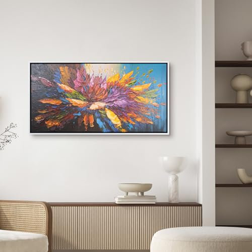 Modernes XXL Wandbild 200x100 – Acrylbild Abstrakt Blüte handgemalt im Panorama Format – Wohnraumdeko in Bunt mit Schattenfugenrahmen Weiß für Büro, Schlafzimmer, Wohnzimmer – Tanz der Farben