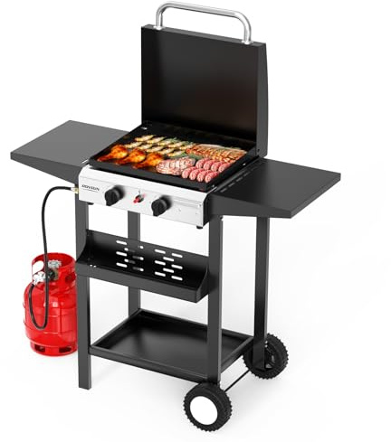 ROVSUN 2 Burner Portable Propane Griddle with Enameled Tray & Lid, 20000 BTU Rolling Flat Top Gas Grill with Electronic Ignition, Side Shelves & Regulator for Outdoor Cooking Camping BBQ Tailgating