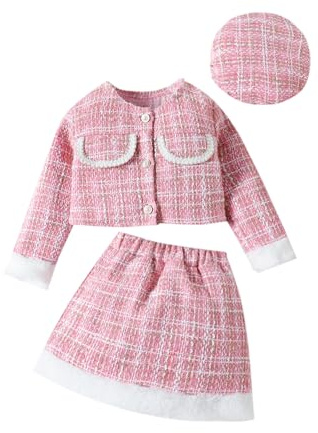UUAISSO Kleinkind Baby Mädchen Herbstkleidung Plaid Tweed Muster Tops Plaid Rock Baskenmütze Baby Outfits Sets Rosa 3–4 Jahre