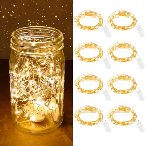 AOOTE LED Mini Lichterkette mit Batterie, 8 Stück 2m 20 LED Batterie Knopfzelle Partybeleuchtung, Lichterketten aus Kupferdraht Warmweiß für Party Hochzeiten Innen und Außen Weihnachtsdeko