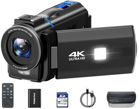 Video Camera Camcorder 4K 30fps 48MP with IR Night Vision, 16X Digital Zoom Cam Corder 3.0 270° Rotation Touch Screen Video Recorder for YouTube with Remote Control, Battery, 32GB SD Card