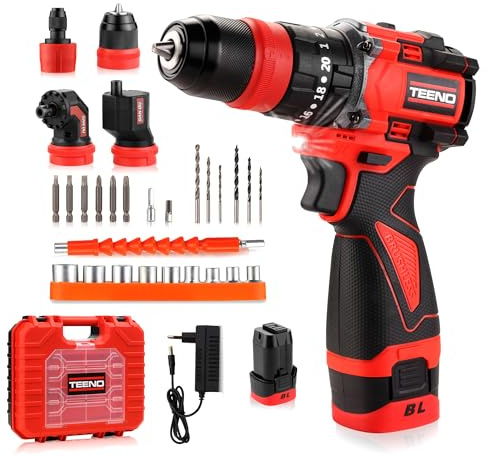 TEENO 18V Taladro Percutor a Batería Sin Escobillas, Kit de Destornillador Electrico, 20+3, Taladro Atornillador Bateria Max 45Nm, Adaptador desplazamiento, Mandril de sujeción rápida, LED