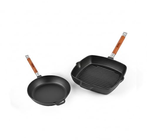 BIOL Lot de poêles en fonte avec poêle à griller – Rondes et carrées – Avec poignées en bois amovibles (parent) (Set poêle 24 cm + poêle grill 26 cm)