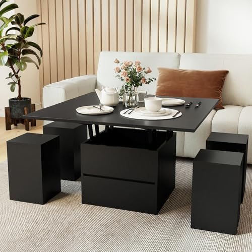 COSTWAY Soffbord höjdjusterbart med 4 pallar, vardagsrumsbord fällbart med dolt fack och låda, 3-i-1 soffbord som kan omvandlas till matbord, soffbord 100 x 50 x 44 cm (svart)